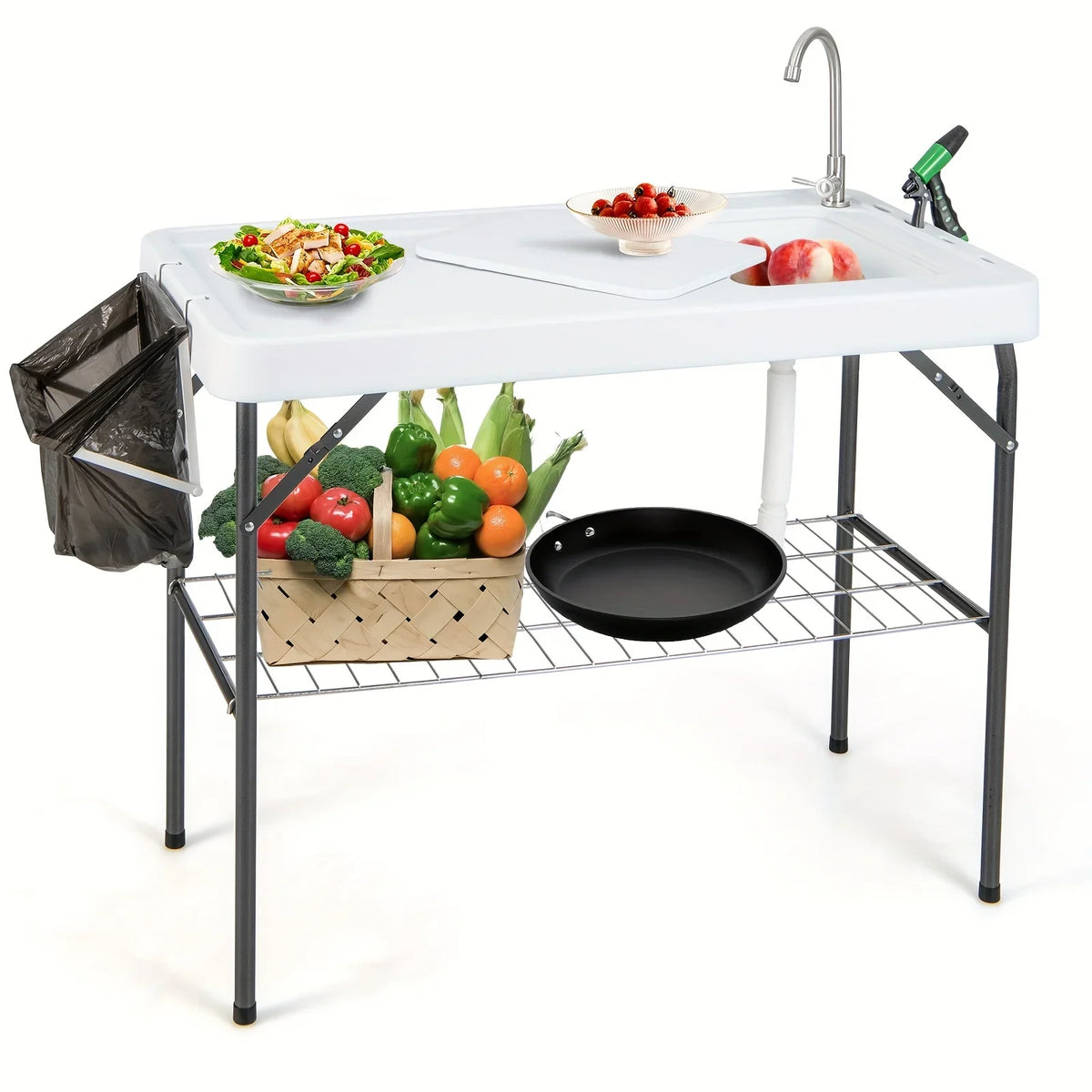 Rack Faucet Camping Cleaning Grid Table, Folding Portable W/ Hose Table Fish