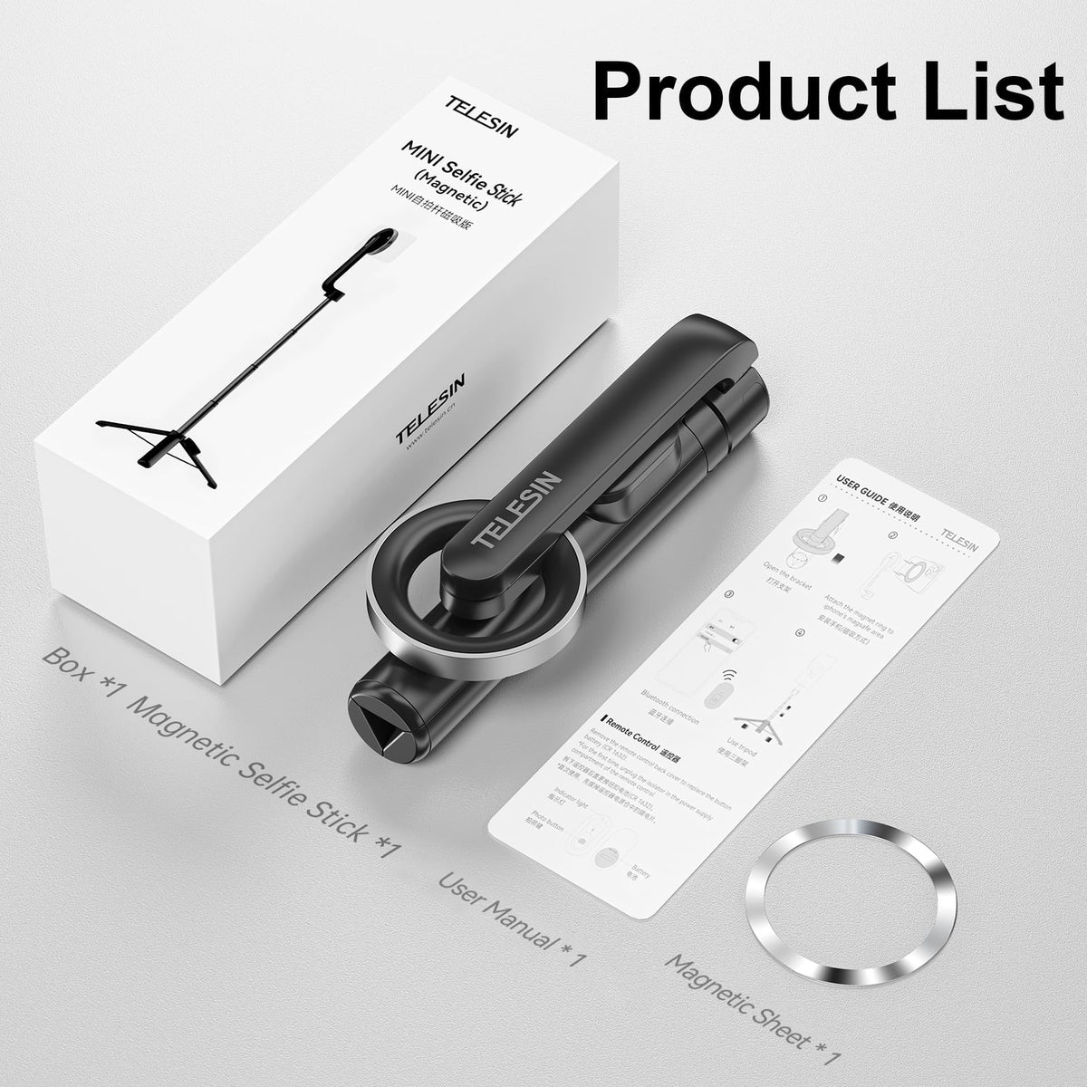 Tripod, for Selfie inch Remote with Magnetic , 27.1 Control TELESIN Stick Rotation