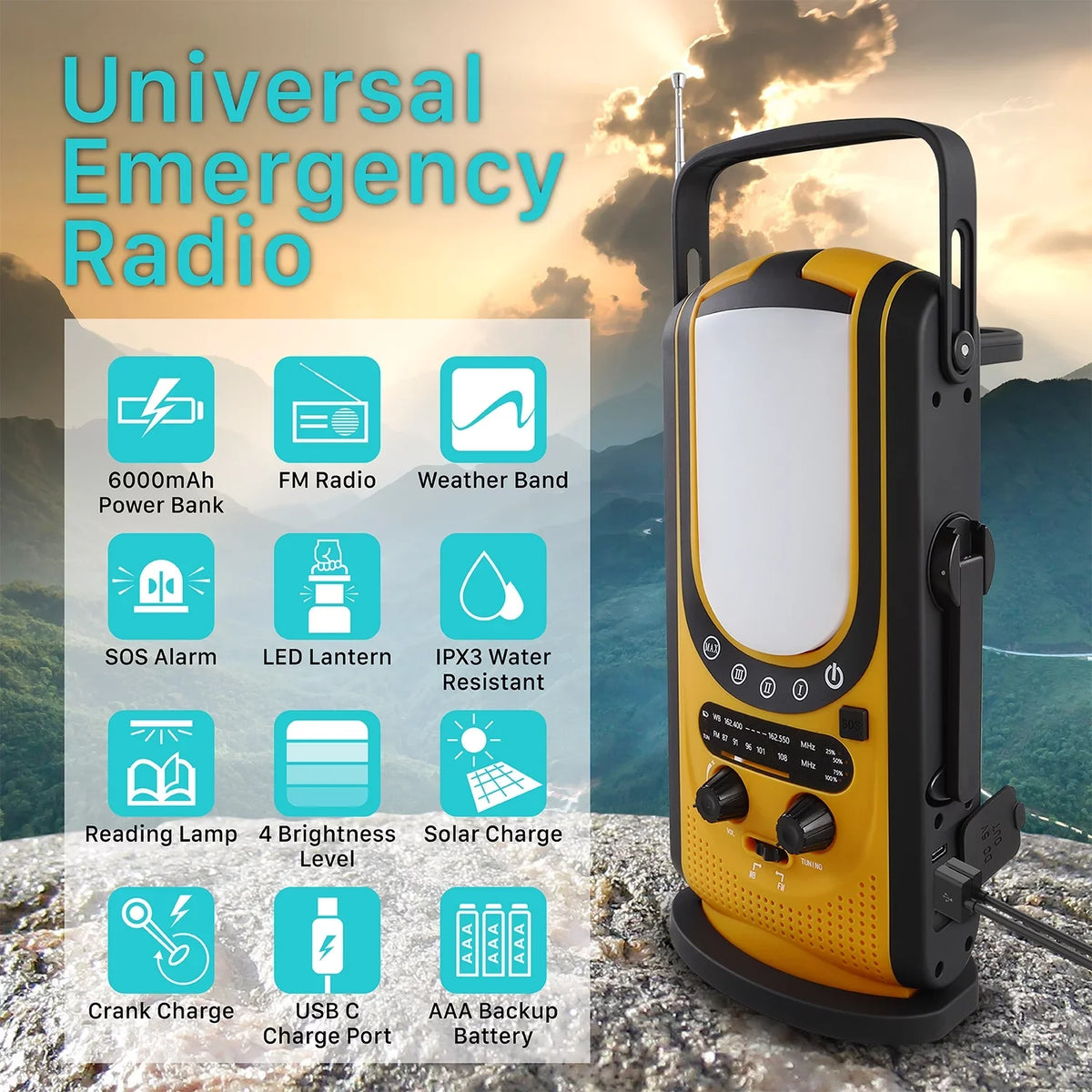 Emergency (Model Light, 6,000mAh Alarm Crank for Charging, Reading A7) & SOS & FM/NOAA Alert, Weather Charger Power Lantern with FosPower Radio Solar Outdoors Bank & Hand Weather Camping