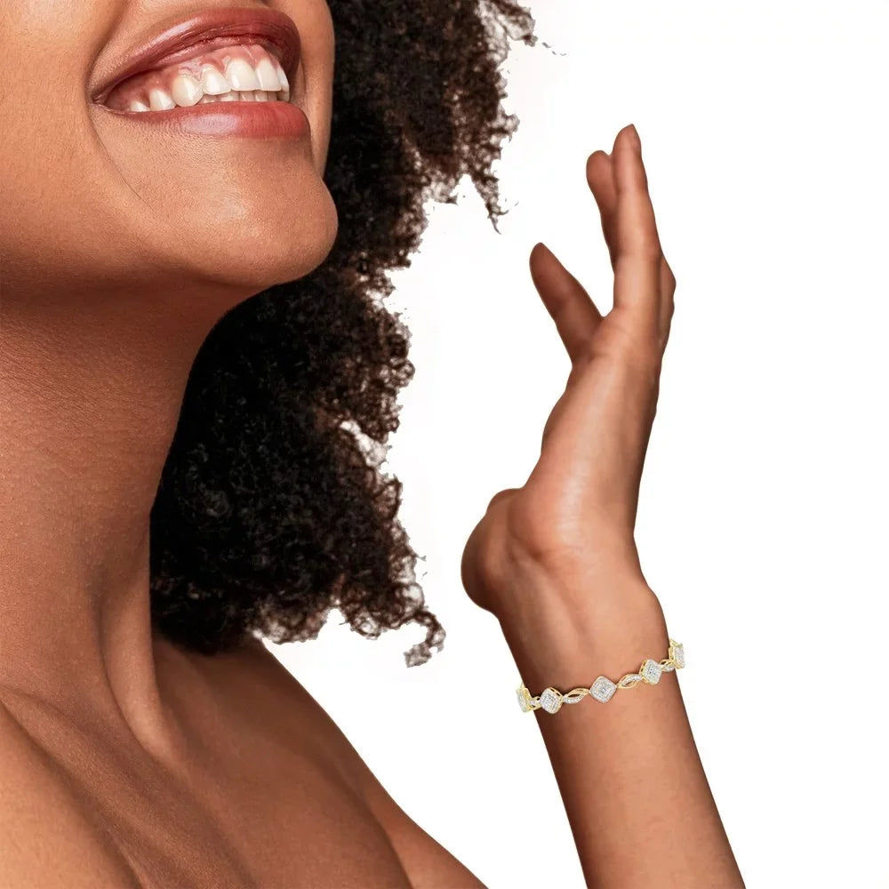 7.25" Clarity) Swirl Square Yellow 1/4 and Cttw I2-I3 Bracelet Alternating (I-J Diamond Color, Art Deco Link .925 Plated 10K Gold Sterling Silver