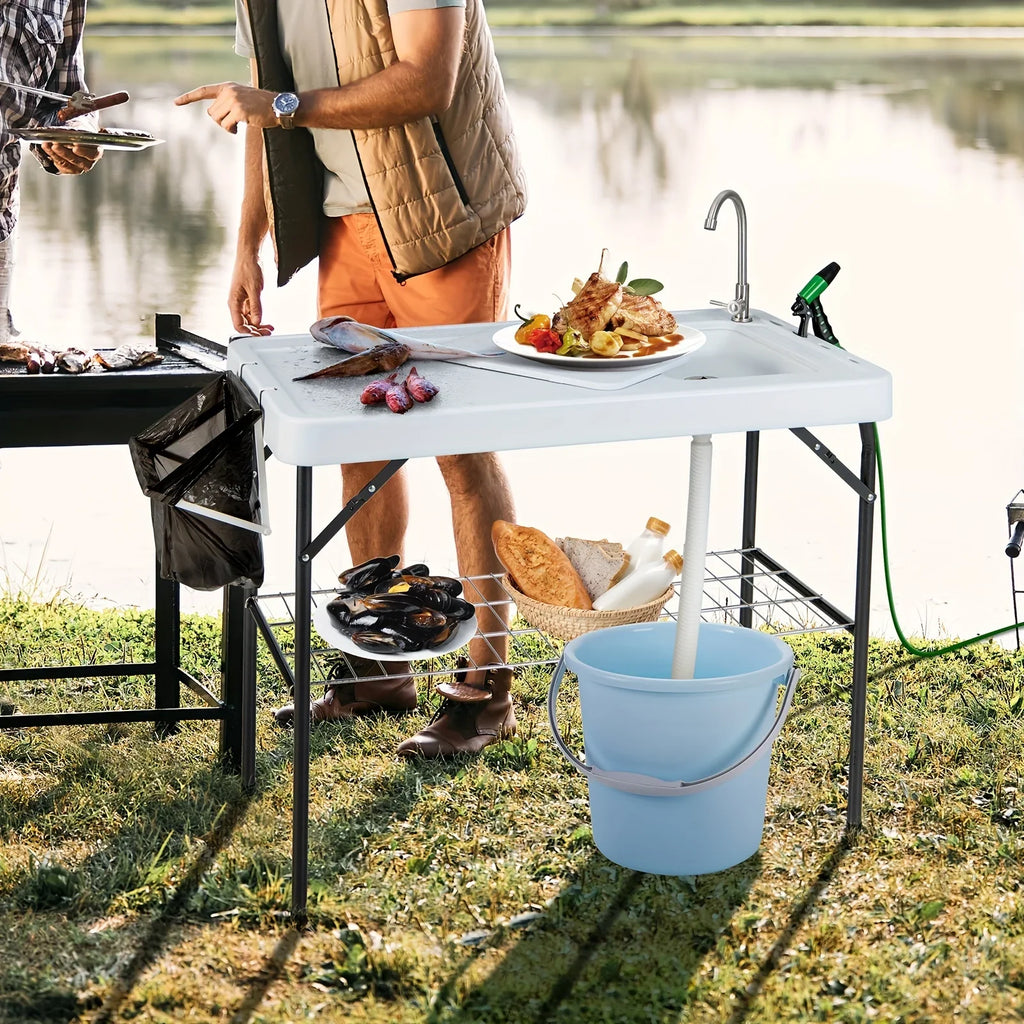 Rack Faucet Camping Cleaning Grid Table, Folding Portable W/ Hose Table Fish