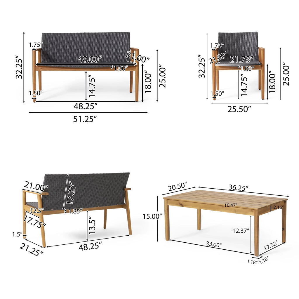 Remuda Wicker Wood and 4 Outdoor Teak Acacia Chat Seater , and Gray