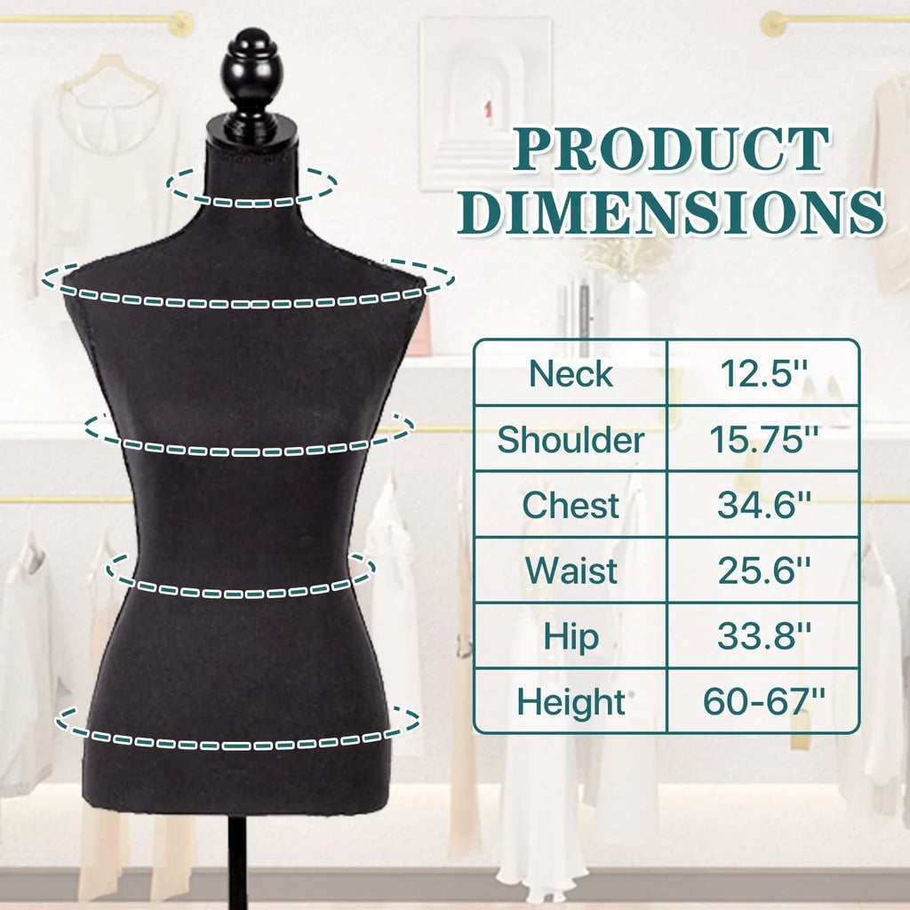 Body Form Black with Wooden Adjustable Height Female Mannequin Dress Model Inch Torso 60-67 Tripod Base, NiamVelo