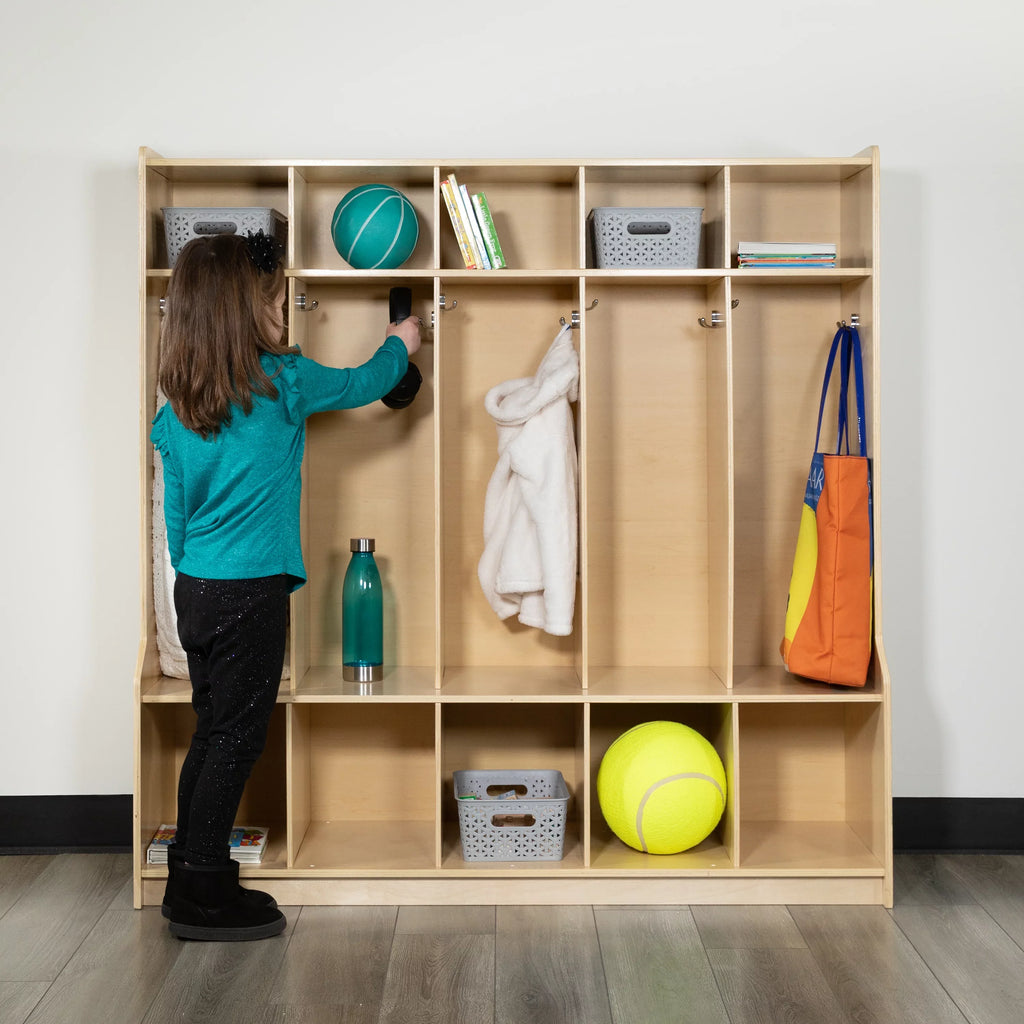 5 Design BizChair Locker Cubbies, Wooden Friendly and Storage Organizer Bench, 48"H School Coat 48"L - with Kid x Section Hook-Safe, (Natural)