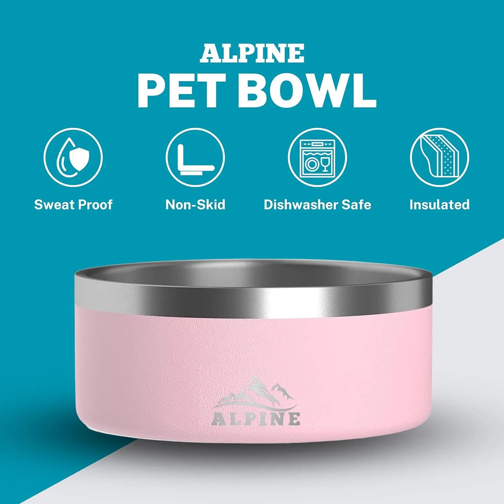 ALPINE Dishwasher Bowls, for Food Double of Steel 2 (32 Walled Set Non Bowl Insulated, Slip, Water, Pet and Pink) Stainless oz, Rustproof, Dog Safe Metal
