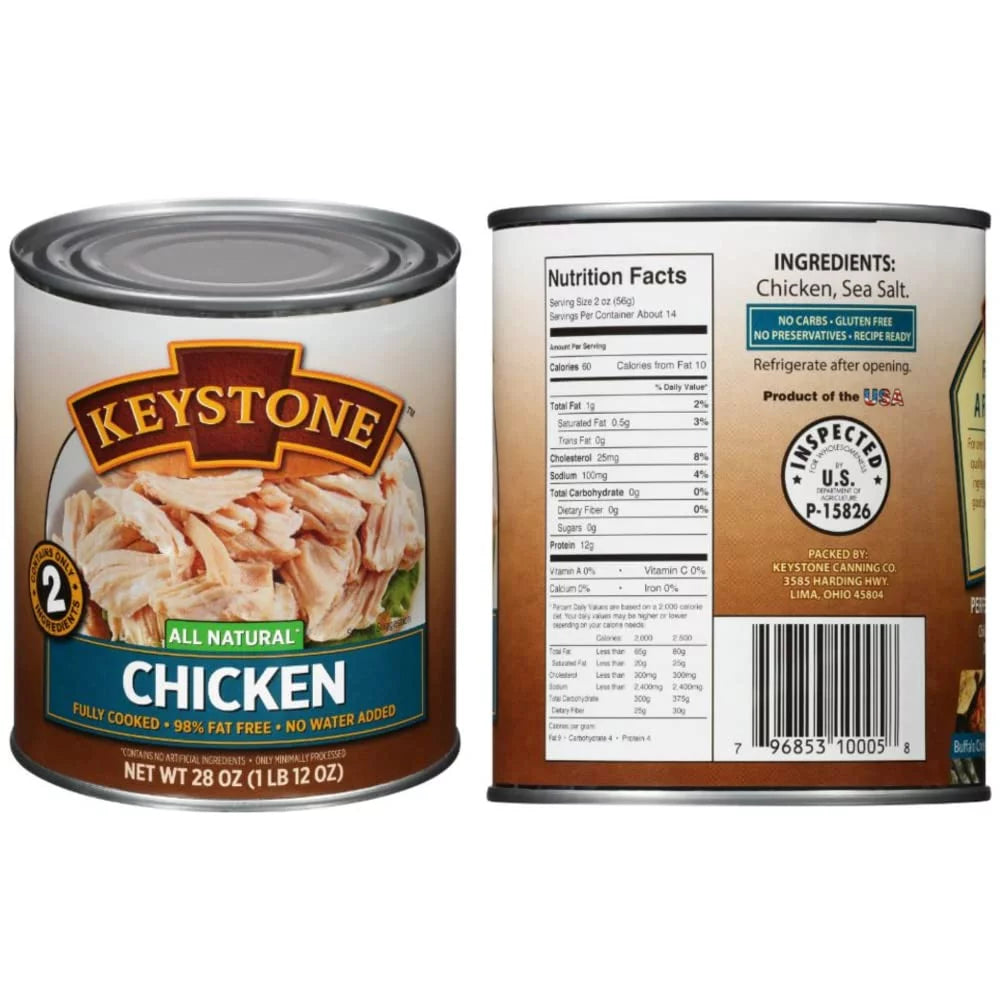 Long Cans Chicken 2 Pork (6 Natural 28oz of Survival Keystone Life Camping Emergency Food eat Ready Beef, - Combo and Shelf All Each) to Cans