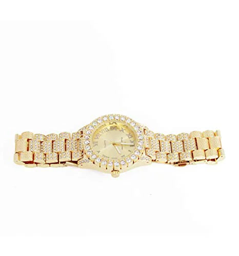 ST10327LA Out Big Out Rocks Iced Blinged Fully Charles (Gold-Gold) Women's Hop Numerals Wristwatch with Roman Raymond Dial - Hip