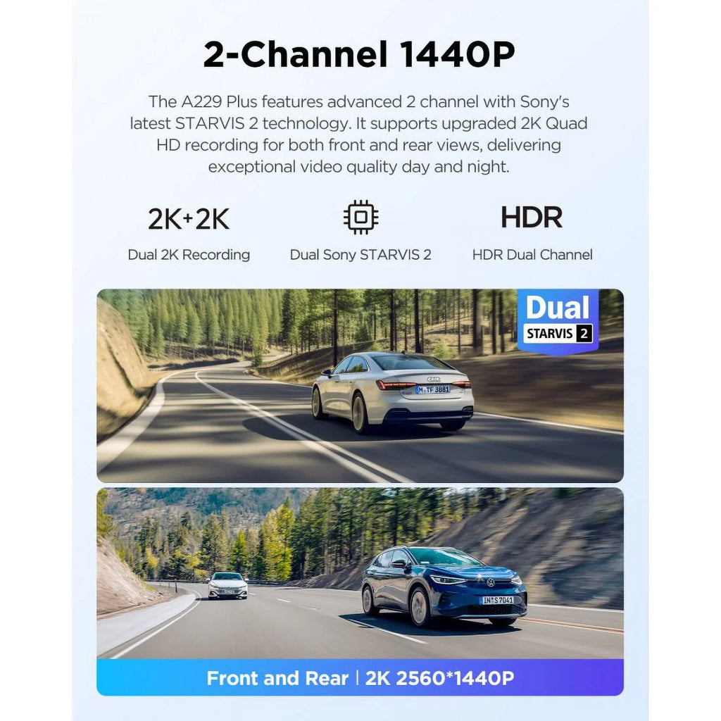 with A229 QHD Support Max Voice 2, VIOFO Cam 2-Channel Dash 2K/2K Wi-Fi, Control, GPS, Mode, Plus STARVIS 512GB Parking