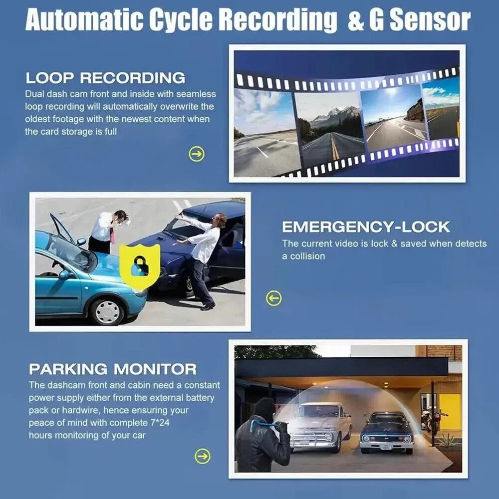 HD G-sensor Dash Front/Rear/Inside 1080P Recorder Video Car Lens Dual Cam Camera G·PEH