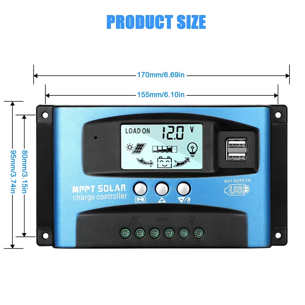 30A USB, MCU Timer(Blue) Control, Dual Controller, Charge Regulator MPPT Controller, Solar Panel Charger Build-in Efficiency, Solar Charging High