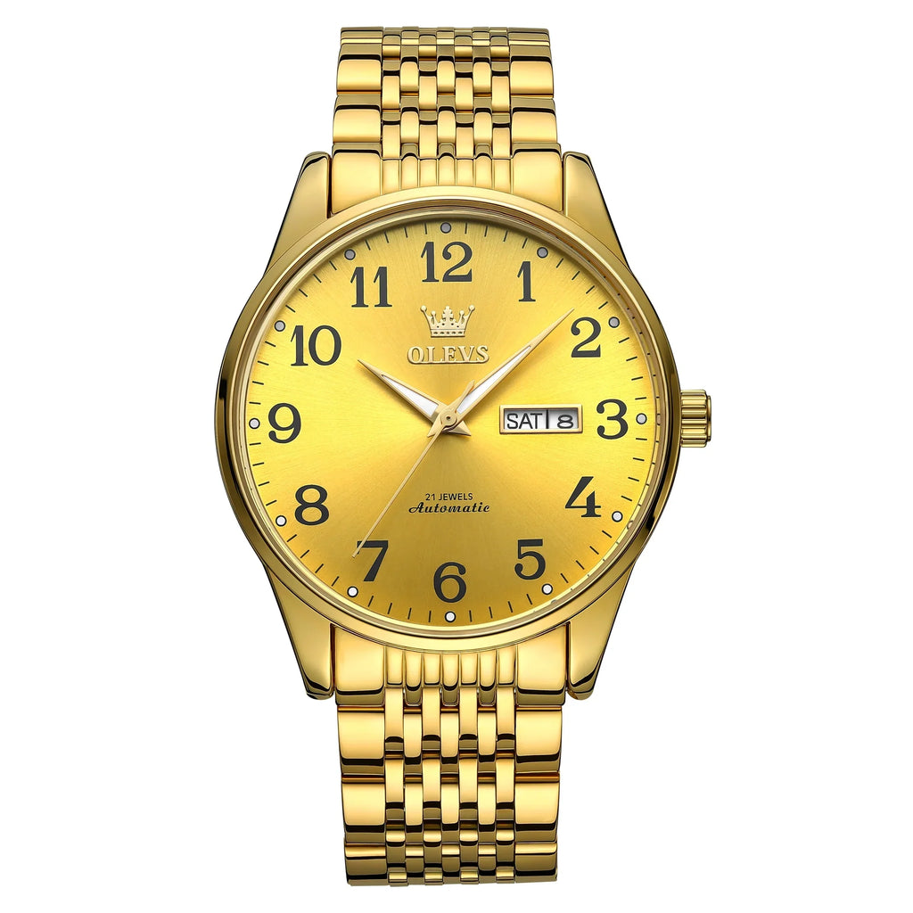 Winding Large Self Para Face Men Wristwatch for Gifts OLEVS Hombre, Numerals Dial Waterproof Easy Adult for Watch Male Reader Reloj Men, Gold Arabic