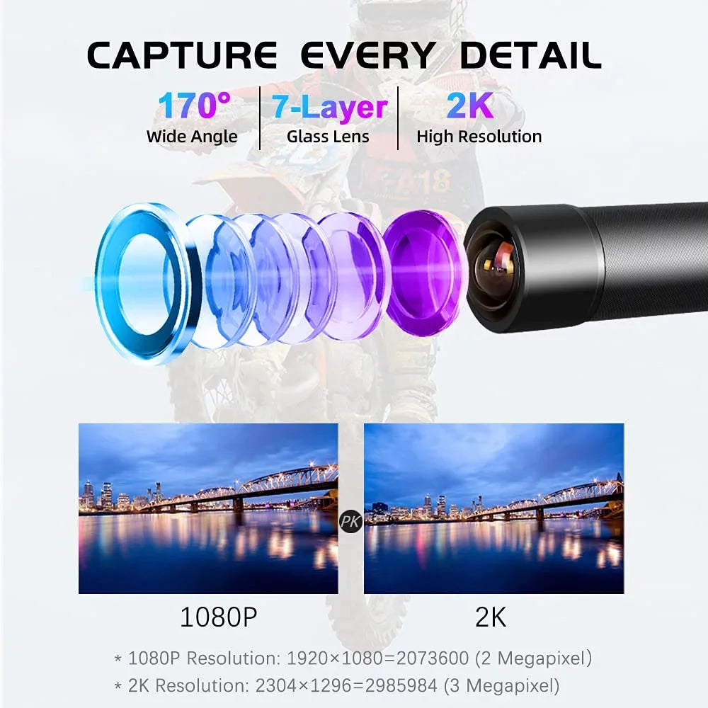 Super WiFi Motorcycle Action Camera, Loop Portable Night 2K Motorcycle WDR, 170° Vision Helmet Waterproof Lens, Recording Bike Angle Cam VSYSTO Wide Dash Camera,