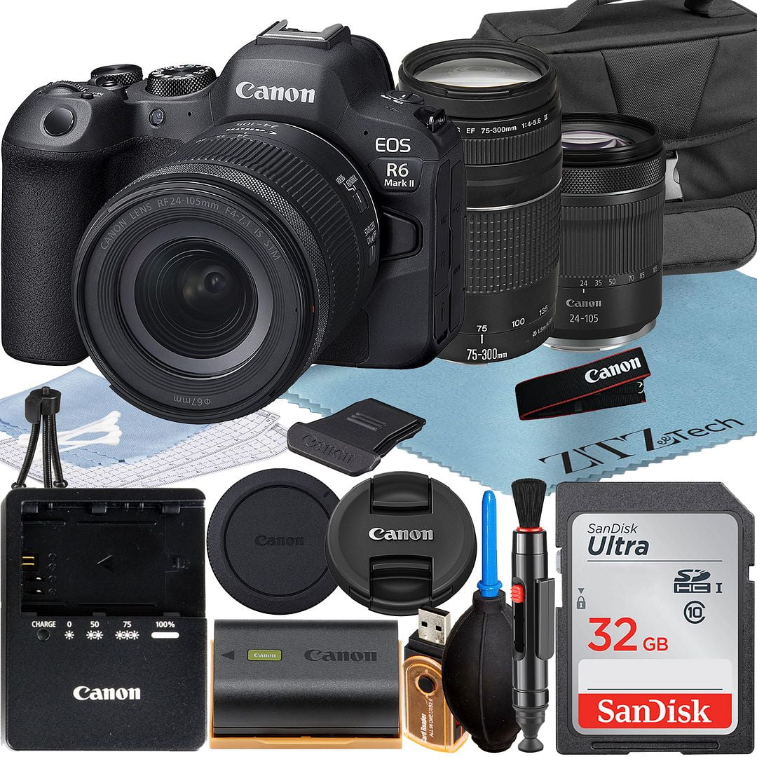 Card + RF SanDisk + R6 II EF + Case ZeeTech Camera 32GB Bundle with 24-105mm Mark Memory LED Canon + 75-300mm Lens + Flash Mirrorless EOS Accessory