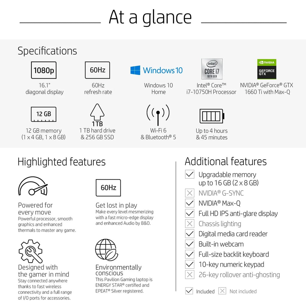 '+ i7-10750H 16.1" 12GB FHD Memory - 1660 10 IPS GTX - Max-Q Backlit HP 1TB Pavilion Anti-Glare 16-a0075cl - GeForce - Laptop Keyboard 256gb Hdd DDR4 SSD Non-touch Ti Windows - - WLED-backlit Gaming