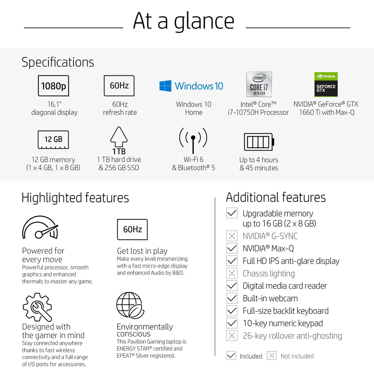 '+ i7-10750H 16.1" 12GB FHD Memory - 1660 10 IPS GTX - Max-Q Backlit HP 1TB Pavilion Anti-Glare 16-a0075cl - GeForce - Laptop Keyboard 256gb Hdd DDR4 SSD Non-touch Ti Windows - - WLED-backlit Gaming