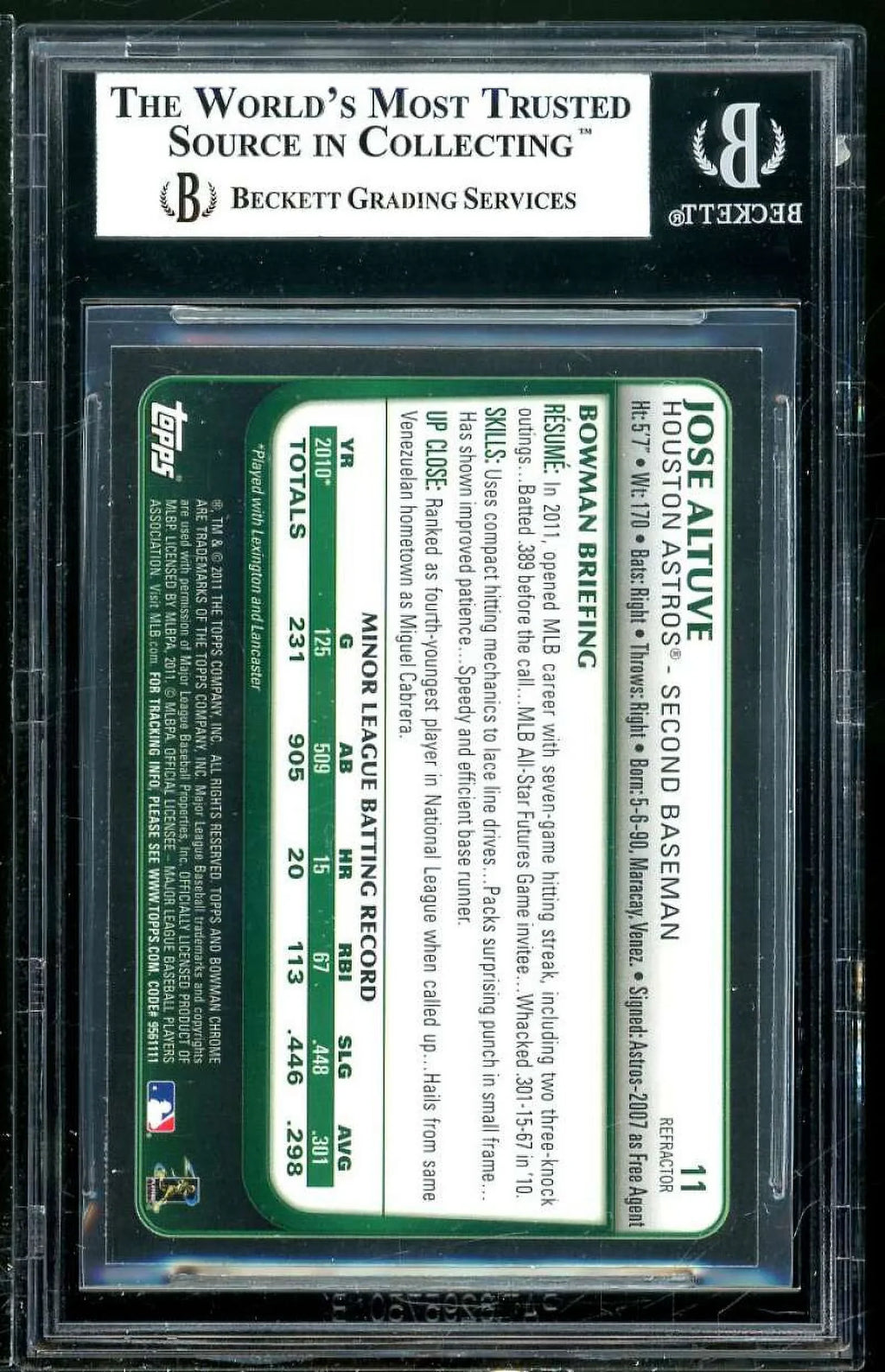 Card 8.5 Purple #11 Jose Bowman Altuve Draft BGS Rookie Chrome 2011 Refractors