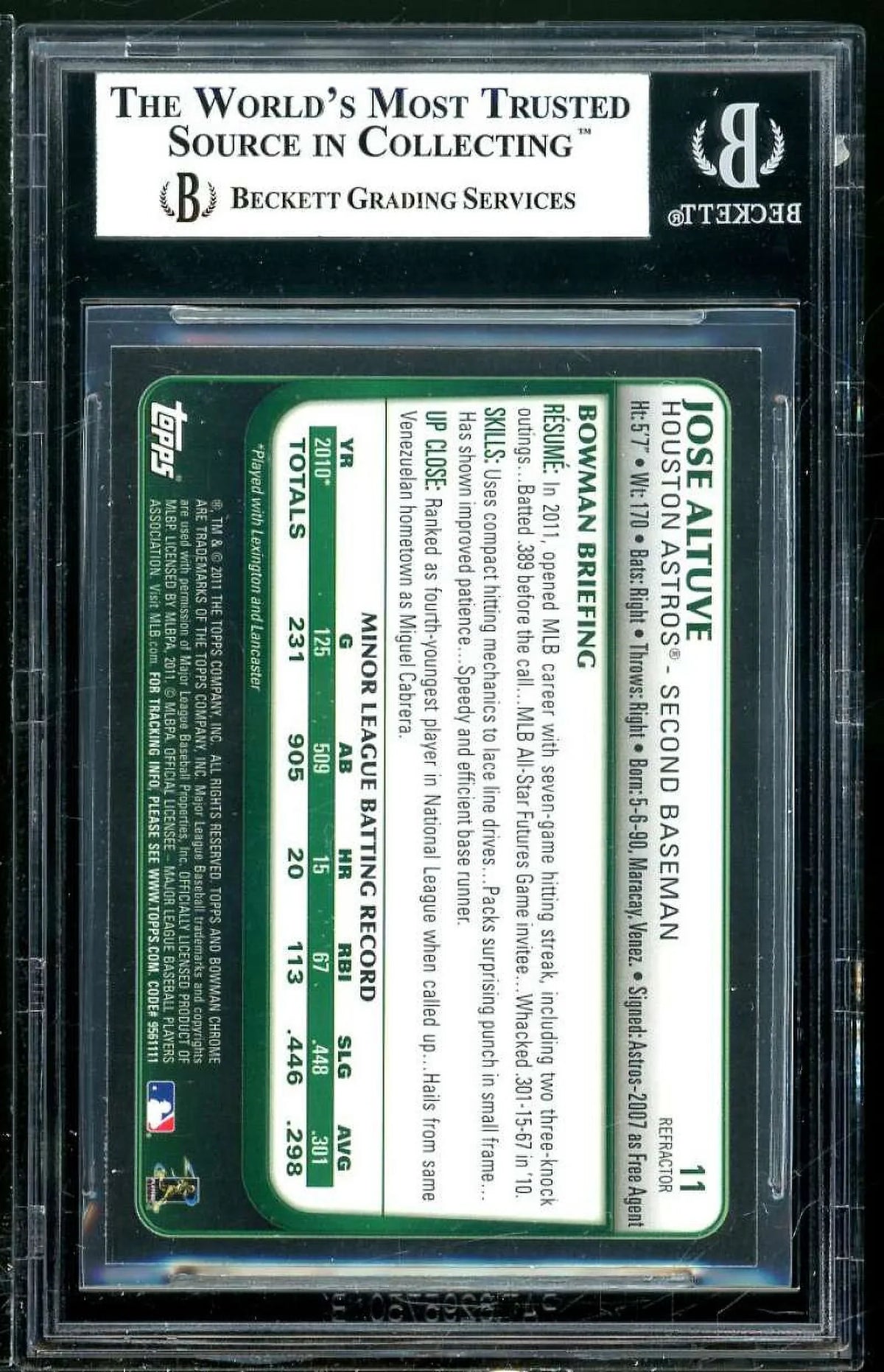 Card 8.5 Purple #11 Jose Bowman Altuve Draft BGS Rookie Chrome 2011 Refractors