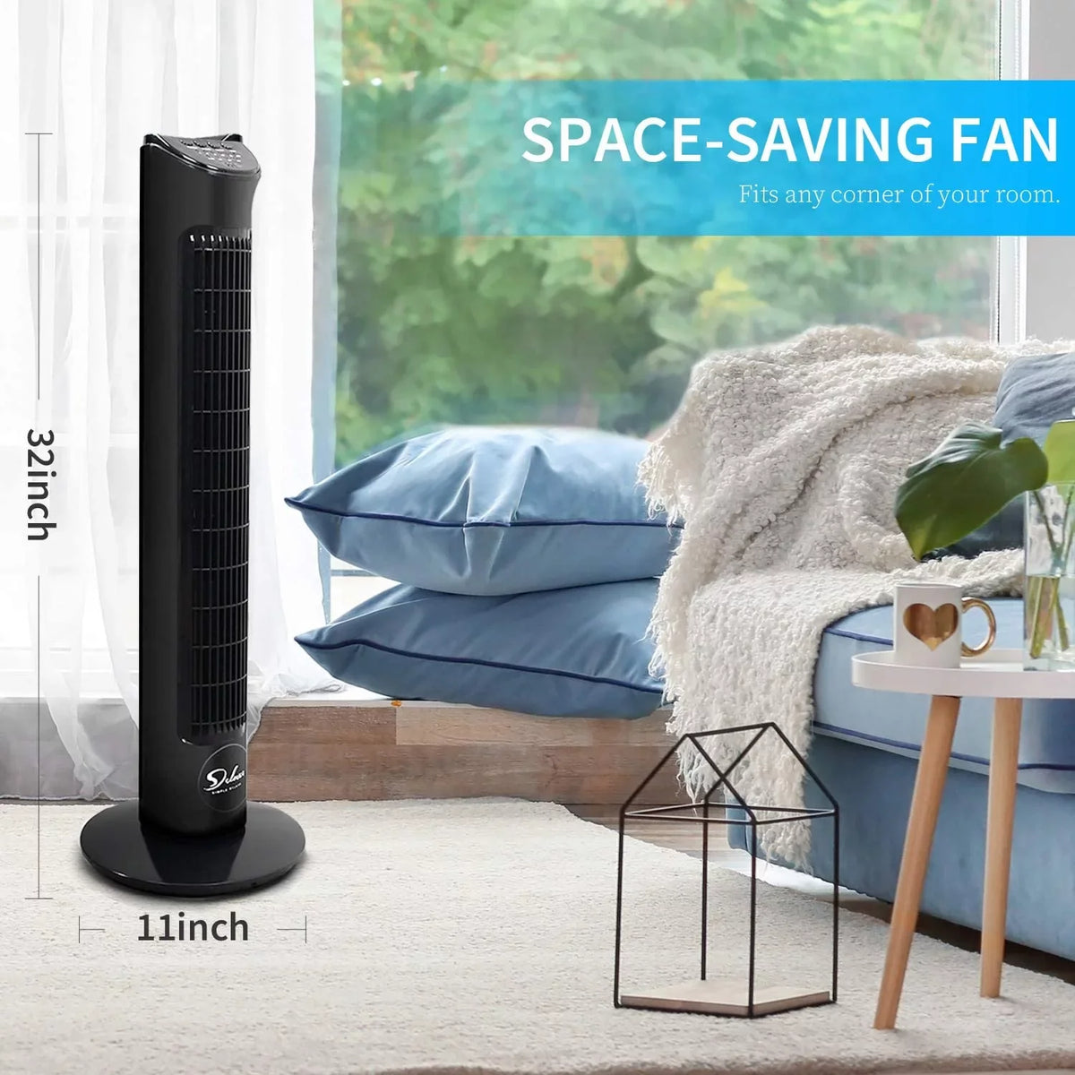 32"Tower Simple Oscillating Black Floor Bladeless with 90° Standing Fan Speeds, Remote, Fans, 4 Fan, with Deluxe Fan