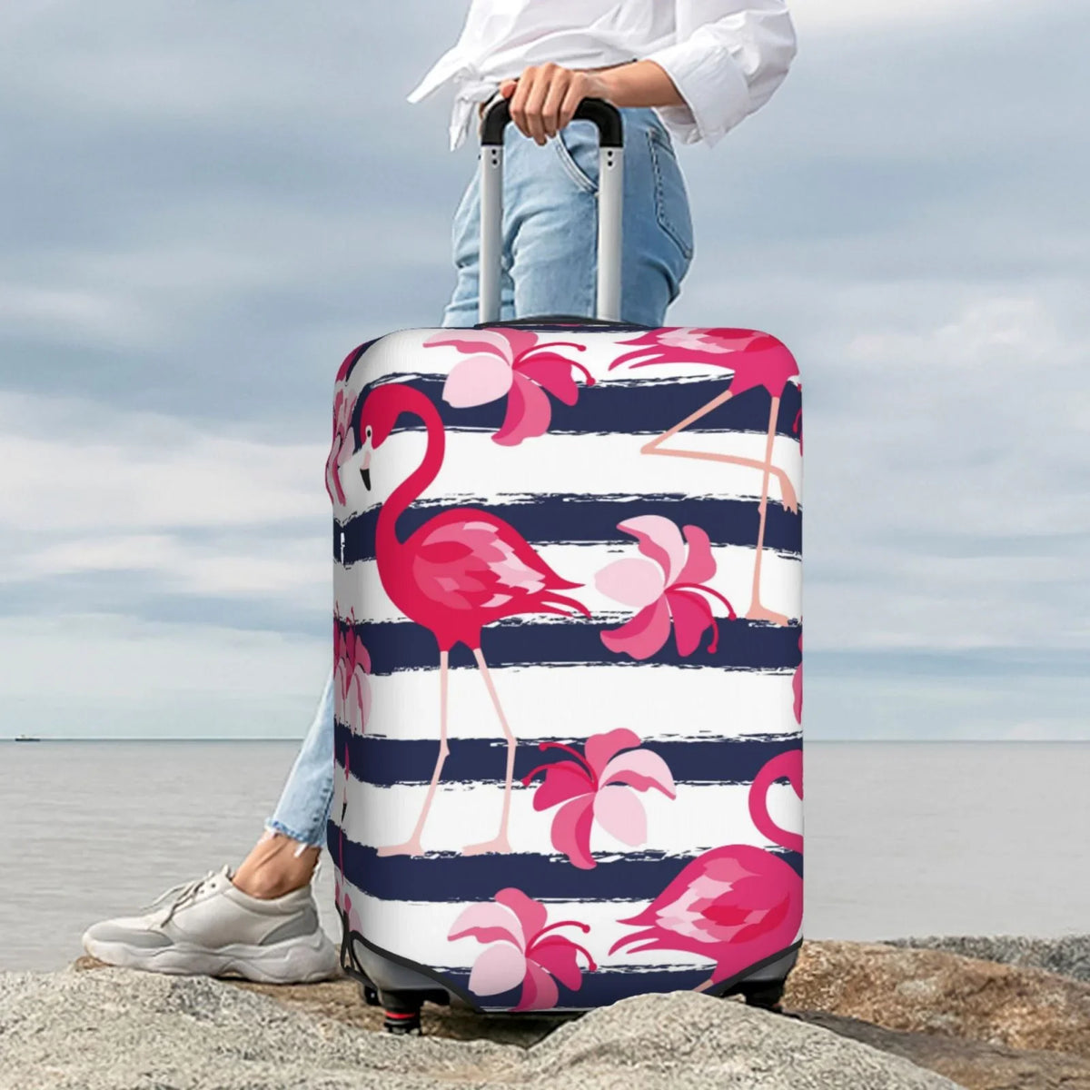 Ocsxa Dust-Proof Pink Suitcase Stripes Luggage Travel Cover For 18-32inch And Dark Blue Protector Flamingos Cover Print