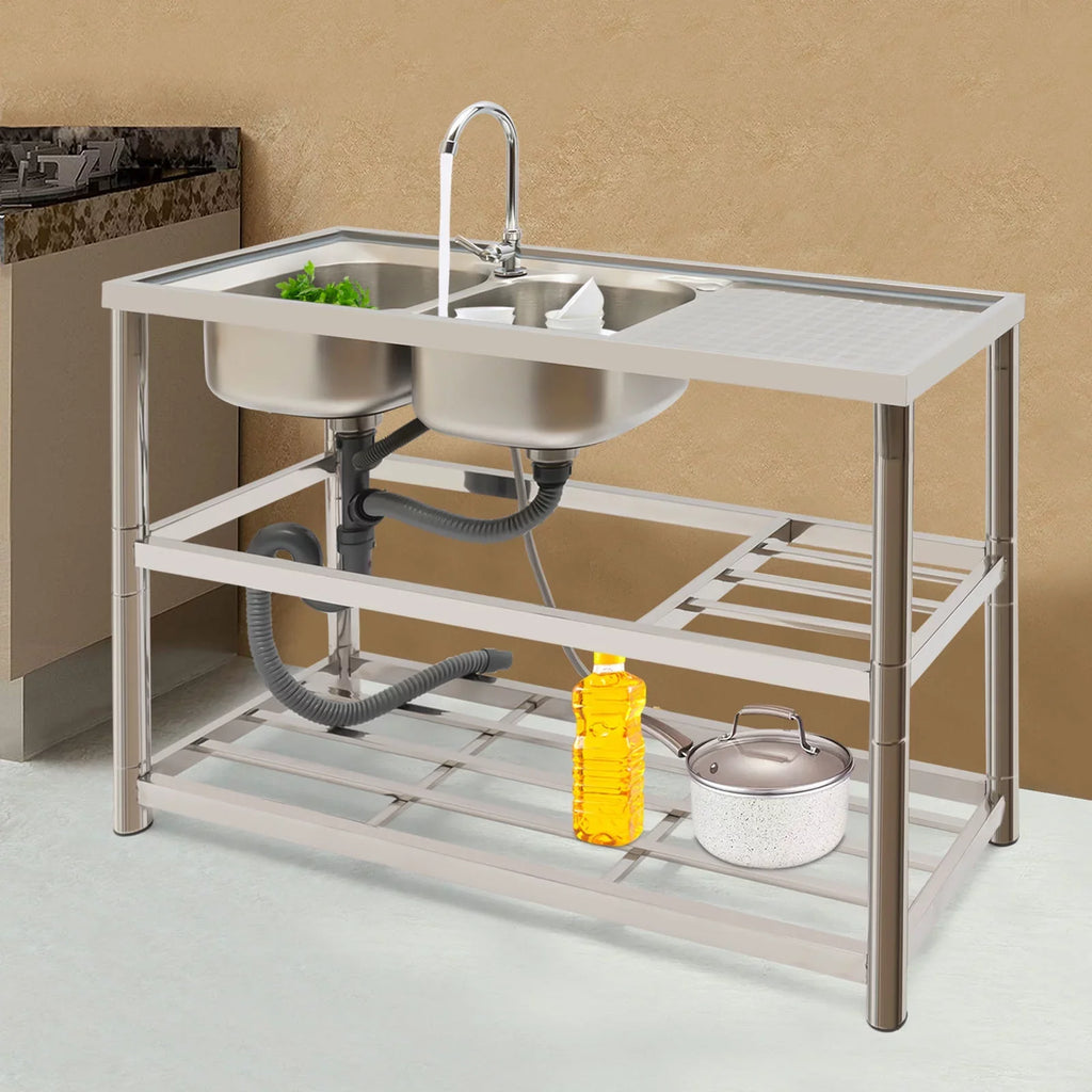 Sink Double Sink Prep Utility Basin Restaurant Aiqidi & Freestanding Bowl Kitchen with Steel Commercial Faucet+Drainpipe Stainless