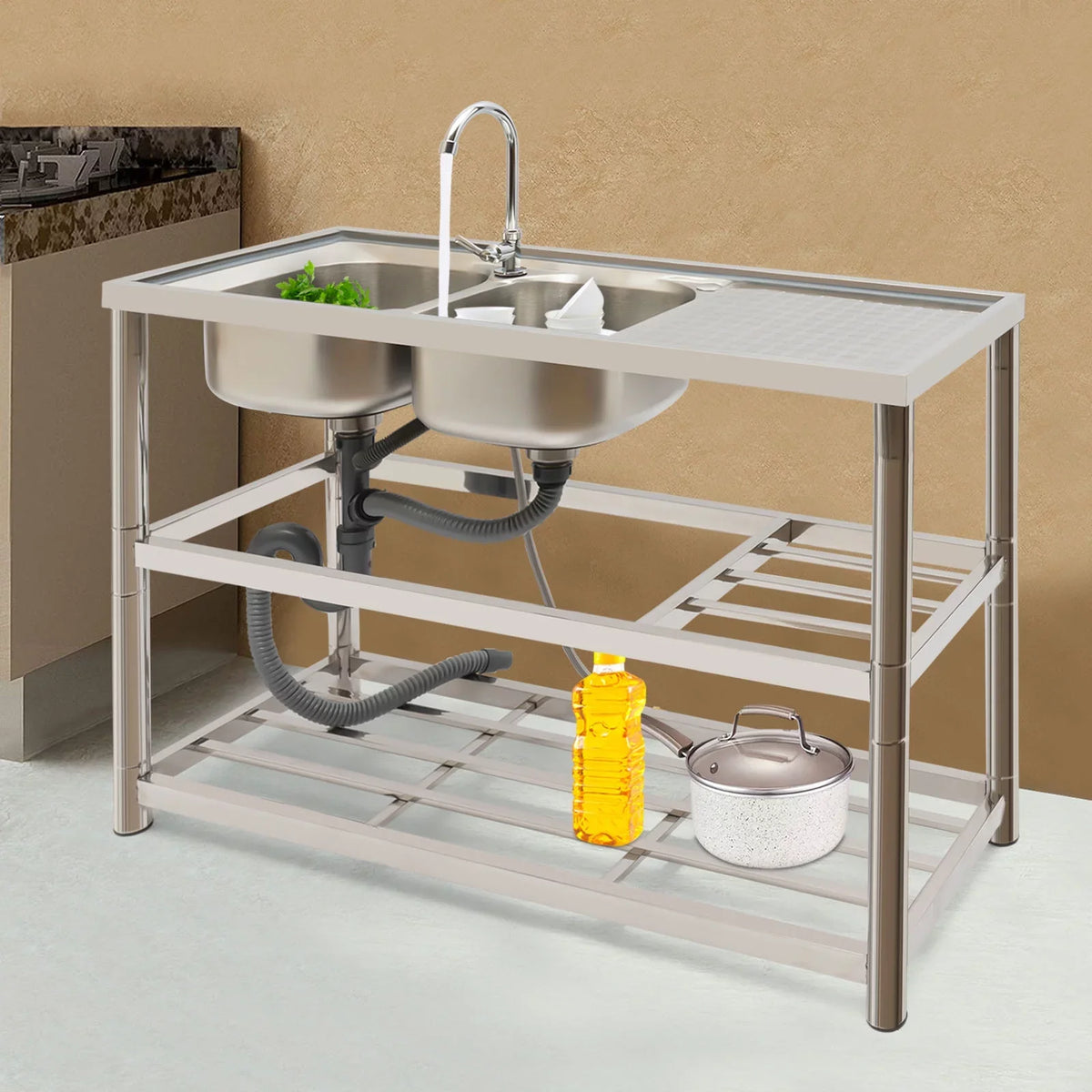 Sink Double Sink Prep Utility Basin Restaurant Aiqidi & Freestanding Bowl Kitchen with Steel Commercial Faucet+Drainpipe Stainless