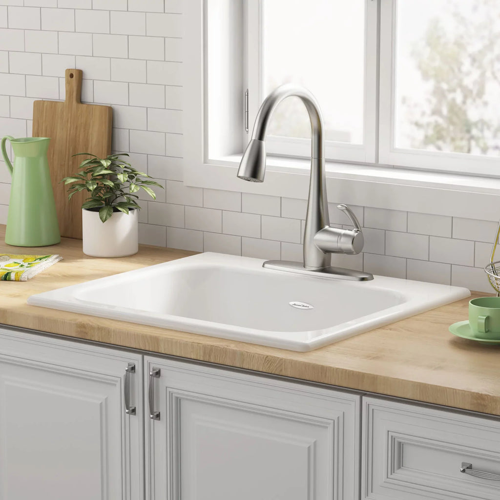 25 Quince Iron 3-Hole Kitchen Brilliant in White Sink Single Bowl Cast Standard in. American Drop-in