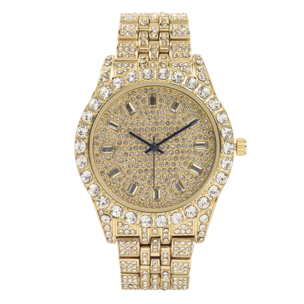 Look BGS Designer Indicators - - Gold) Baguette Dial Mens - Time on Hip Trim on Metal and Rhinestones Single Blinged Elegant Hop (Gold Out ST10226 Big Master Raymond Charles Timepiece