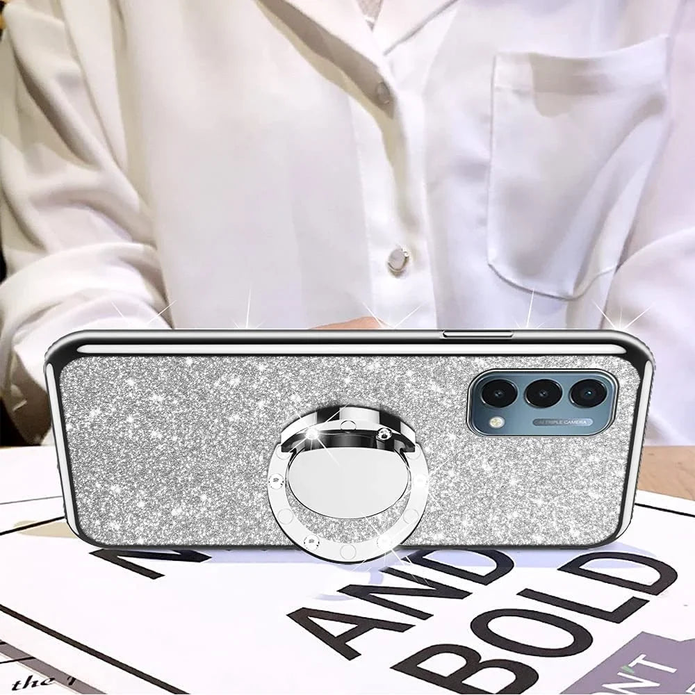 Girls Kickstand, Cute Phone TPU Slim N200 Ring Women 1+Nord Glitter case Silicone Rhinestone Nord Bumper N200 5G Stand Diamond Luxury Case Oneplus Case nancheng Bling for 5G for for with (Silver)