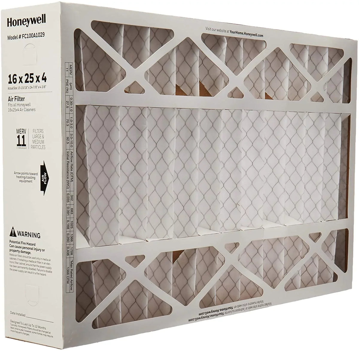 Honeywell Filter, x 16" 25" 2) 11 Air MERV FC100A1029-2pk Media of (Pack