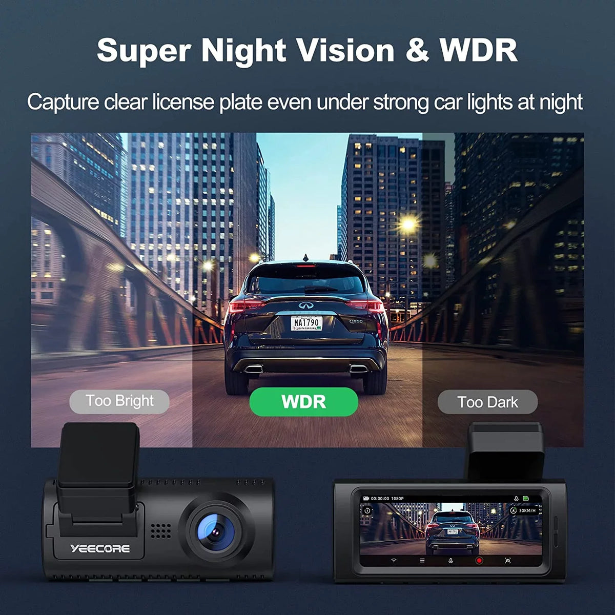 Magnetic WiFi Dual Mode, Front and Record Dam, G-Sensor, App Built-in Dash Night Super Control, Dash D32 Cars Accident Camera Cam Rear, for Mount, Yeecore 2.5K+1080P Parking Portable Vision, GPS, Dash