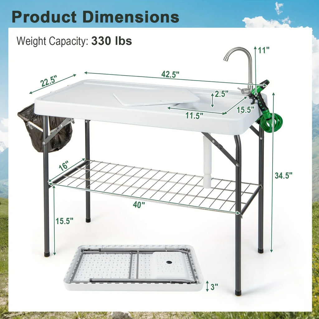 Rack Faucet Camping Cleaning Grid Table, Folding Portable W/ Hose Table Fish