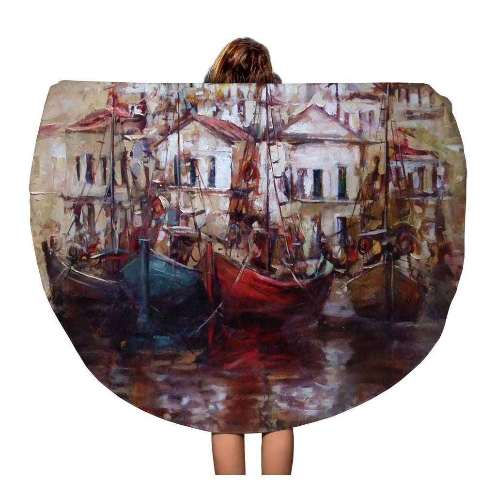 Canvas Blanket Beach 60 Throw Roof Towel Circle Beach Harbor on SIDONKU Mat Boats Tapestry Painting Round Red Towels Oil Circular inch Travel Island