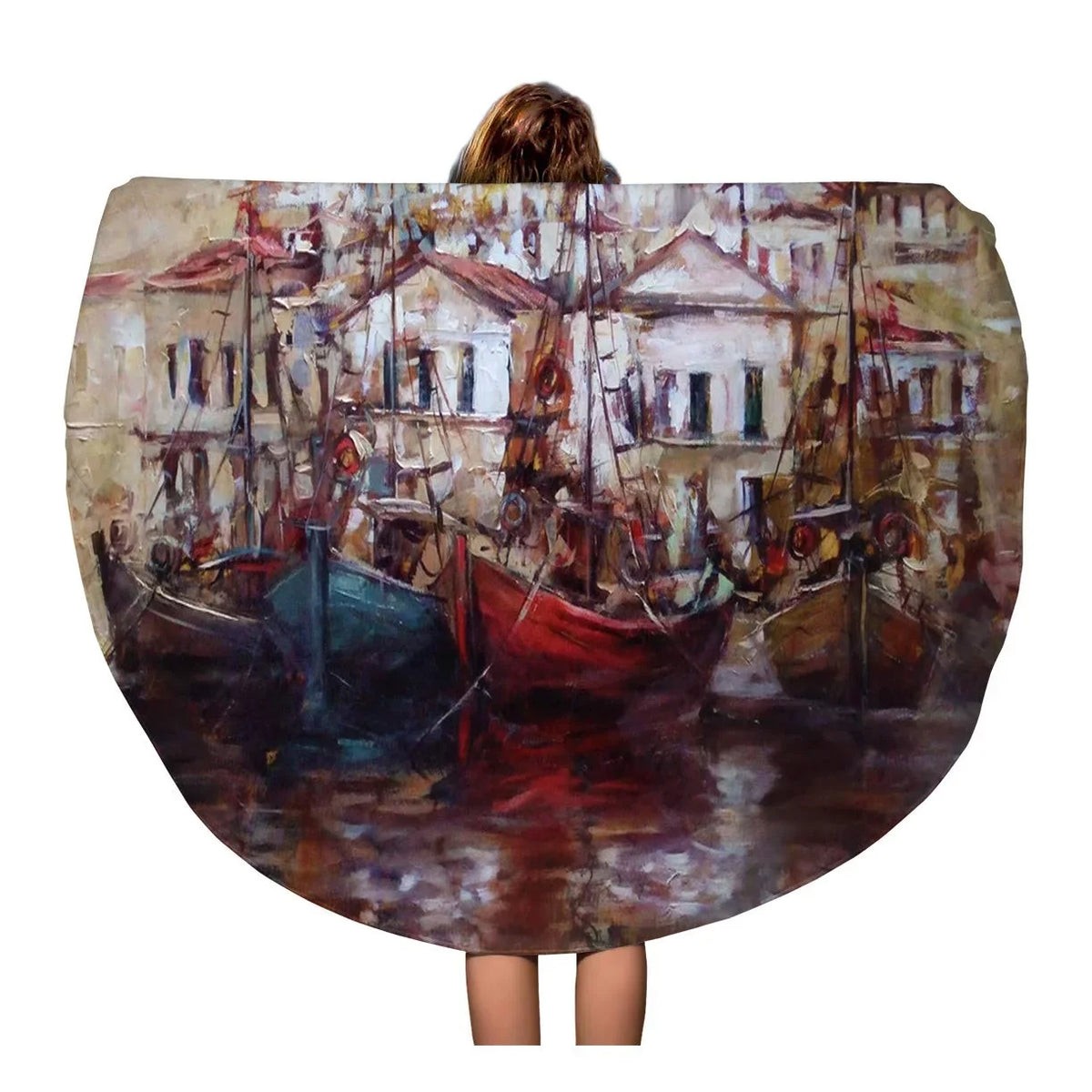 Canvas Blanket Beach 60 Throw Roof Towel Circle Beach Harbor on SIDONKU Mat Boats Tapestry Painting Round Red Towels Oil Circular inch Travel Island
