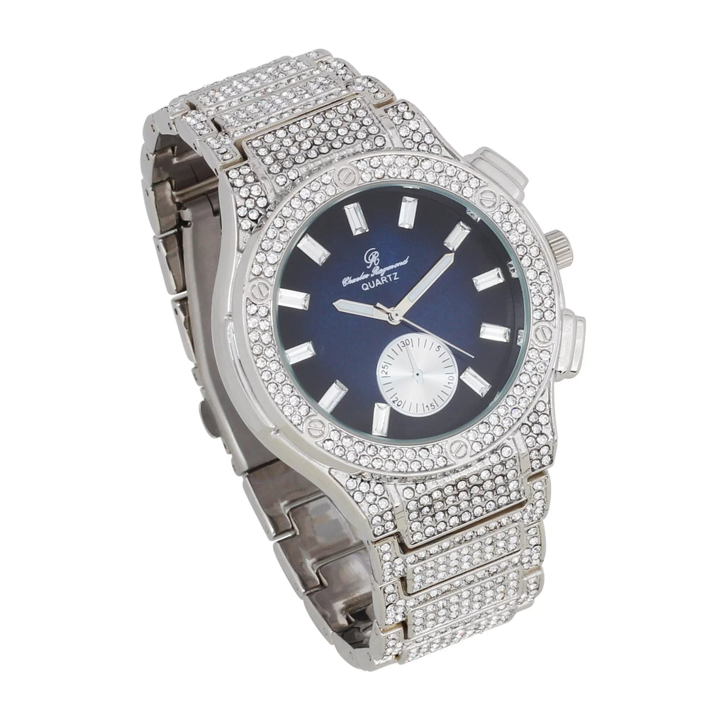 '- -C Out Blast on Rhinestones Blue Hop by Inspired Raymond Diamond Watch - SLV Charles Men's Timepiece- MB Bling Hip ST10311 Iced Big