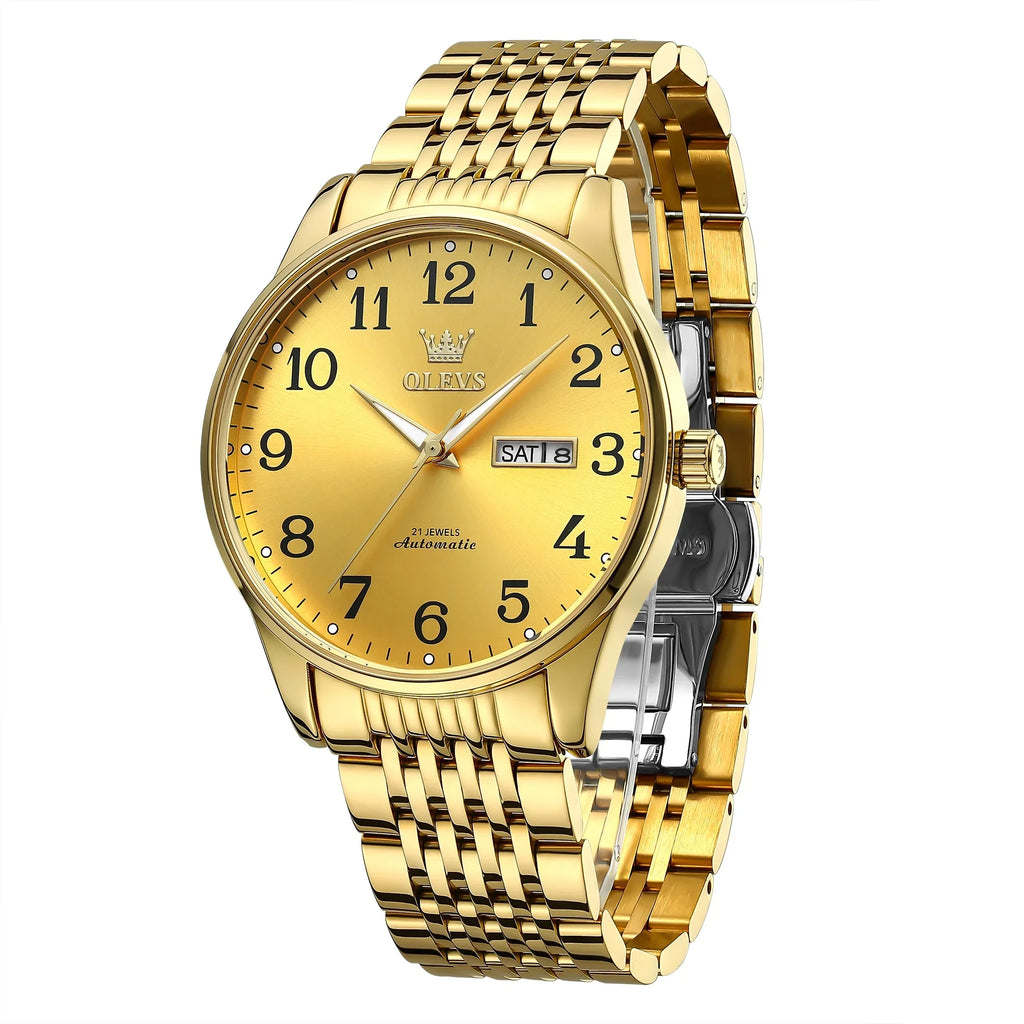 Winding Large Self Para Face Men Wristwatch for Gifts OLEVS Hombre, Numerals Dial Waterproof Easy Adult for Watch Male Reader Reloj Men, Gold Arabic