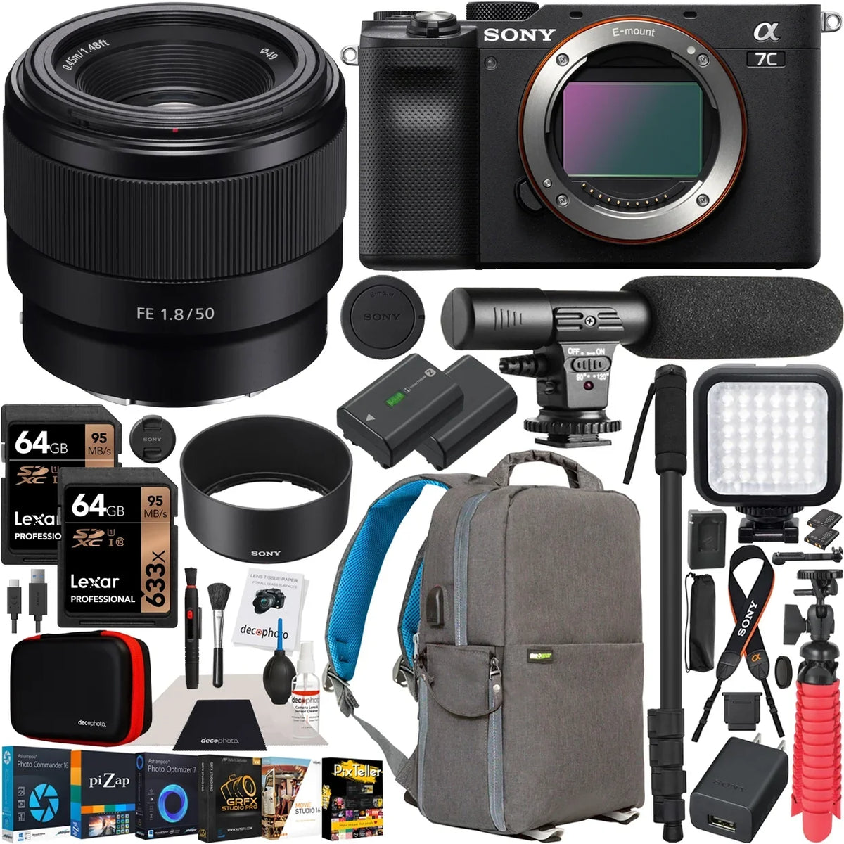 Sony Case and Backpack Bundle a7C Mirrorless Sony F1.8 , Accessories Full-frame Photography Deco Body with Frame Black Software 50mm FE SEL50F18F Gear with Camera ILCE7C/B Full Lens