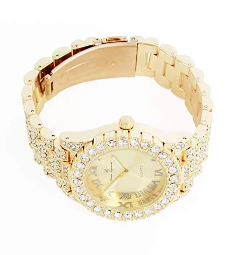 ST10327LA Out Big Out Rocks Iced Blinged Fully Charles (Gold-Gold) Women's Hop Numerals Wristwatch with Roman Raymond Dial - Hip