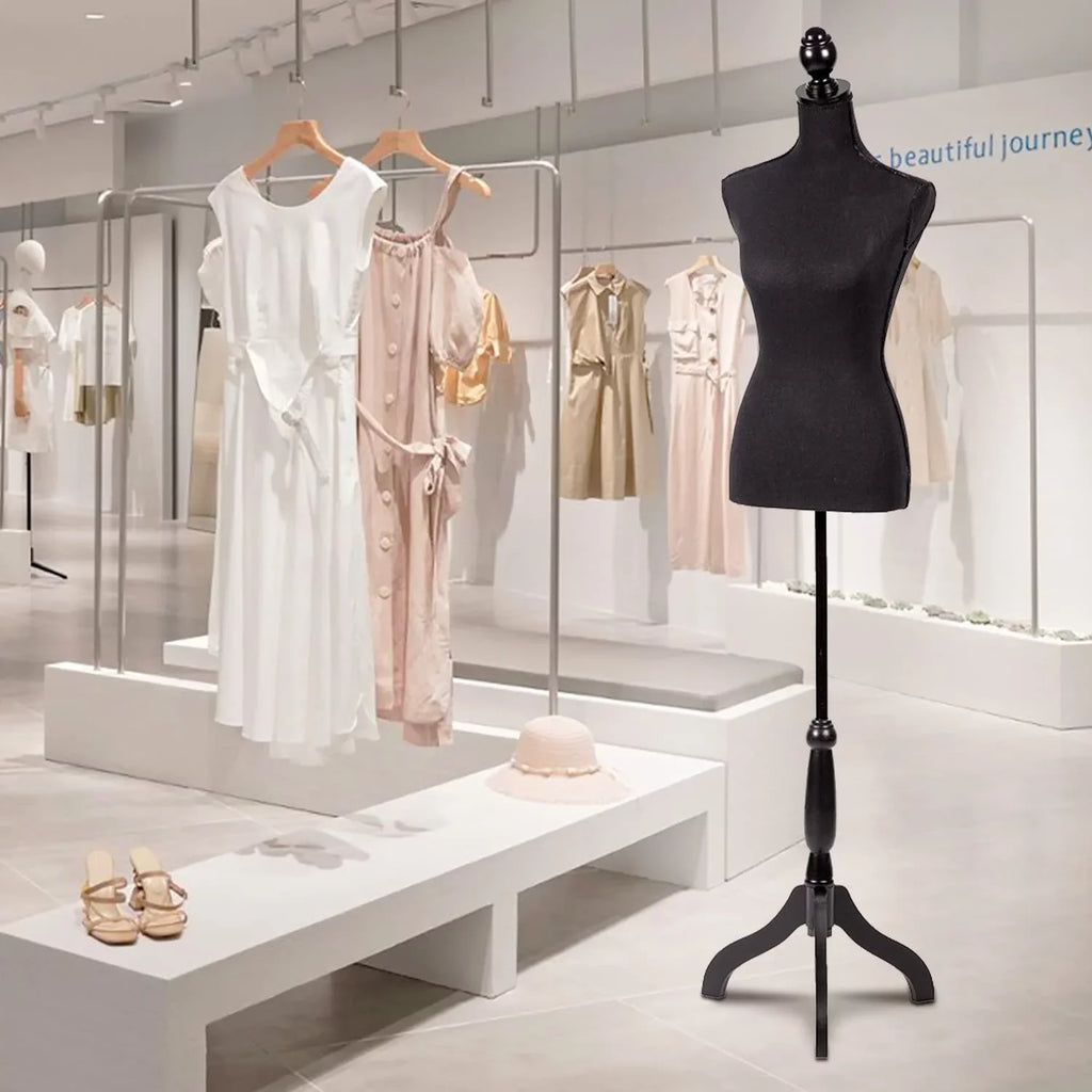 Body Form Black with Wooden Adjustable Height Female Mannequin Dress Model Inch Torso 60-67 Tripod Base, NiamVelo