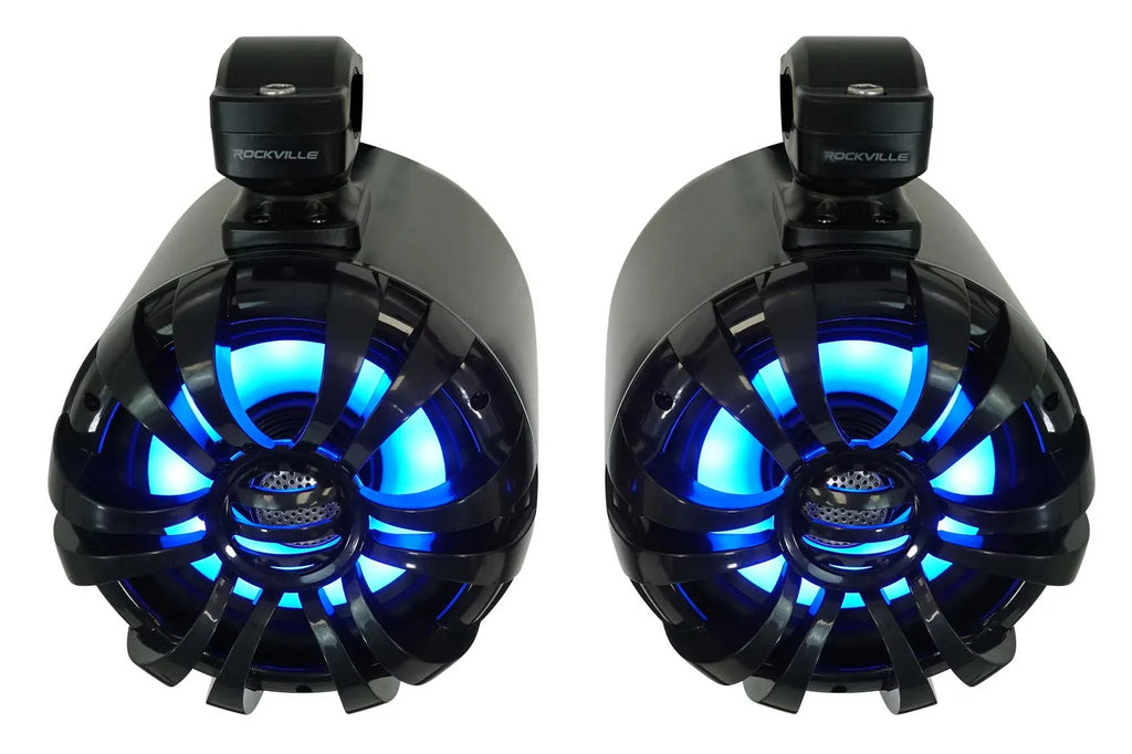 Speakers+Remote 600w Marine Wakeboard 6.5" Rockville Tower Pair LED Black WB65KLED