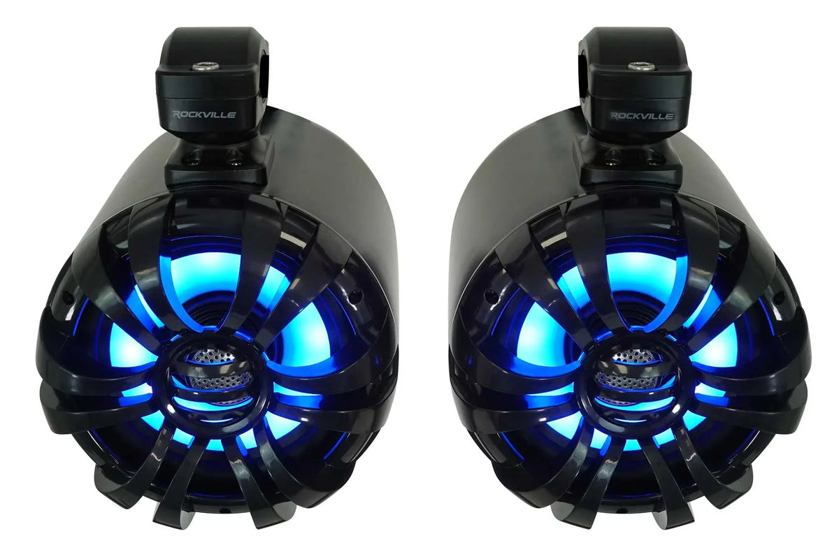 Speakers+Remote 600w Marine Wakeboard 6.5" Rockville Tower Pair LED Black WB65KLED