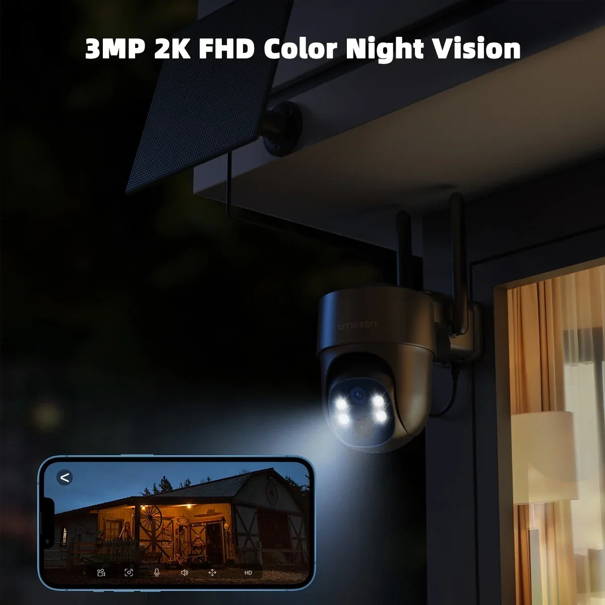 Waterproof 3MP LTE 4G IP66 with Color Home TMEZON Surveillance Security WiFi Surveillance Wireless Solar Camera Cellular Night Powered, Vision Spotlight Camera Camera