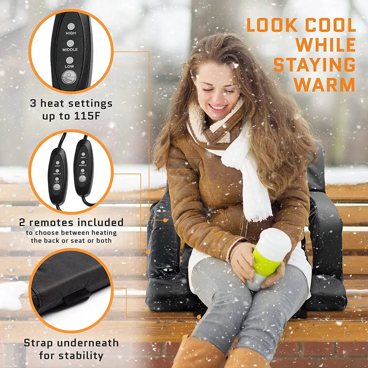 Support Double with Chair Battery Heat Wide Heated – Foldable Included Back USB Seats Levels Holder Pockets, 3 Games - 4 Bleachers Cushioned, Cup of for - - ACELETIQS - Stadium Upgraded Camping,