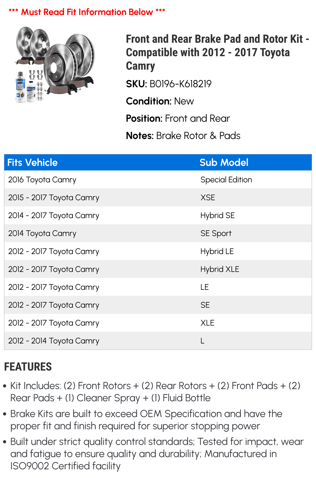2014 2015 Pad and Rotor - Kit Compatible Camry Toyota Front Rear and Brake 2017 - 2016 with 2013 2012
