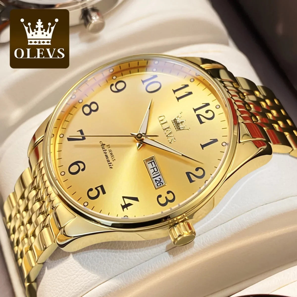 Winding Large Self Para Face Men Wristwatch for Gifts OLEVS Hombre, Numerals Dial Waterproof Easy Adult for Watch Male Reader Reloj Men, Gold Arabic