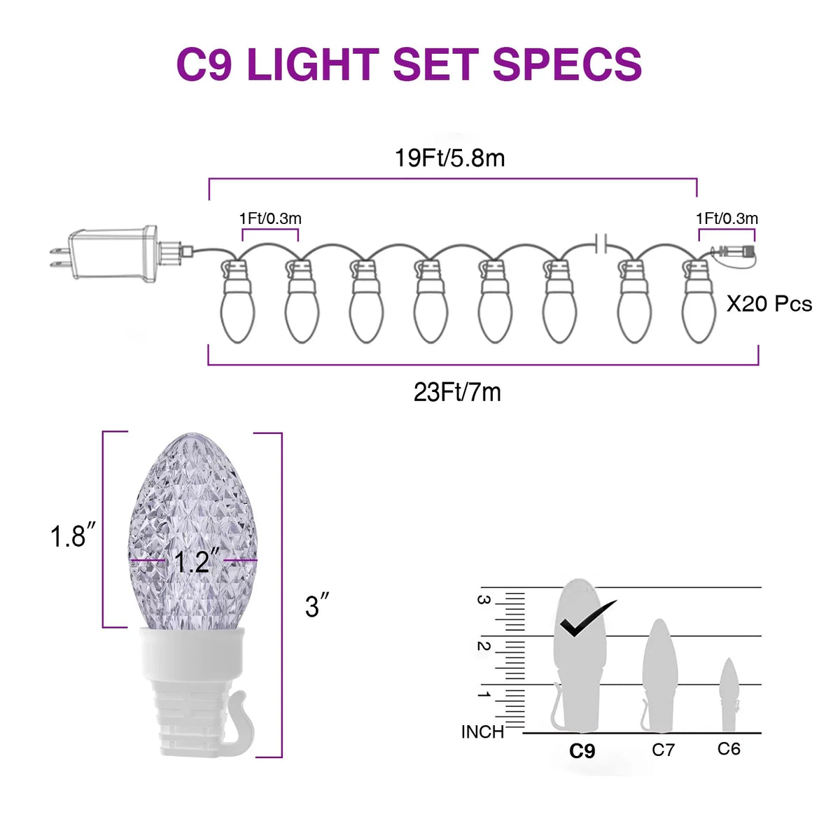 Light C9 Bulbs Changing Lights Waterproof 20 23ft Outdoor, String Christmas Lights LED Eva's Color