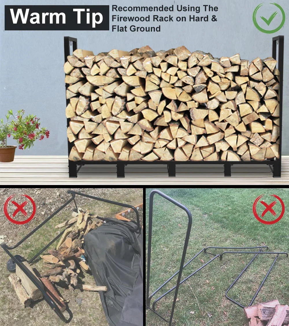 Stand, Fire 8Ft Outdoor Log Fireplace Rack for Wood Stacker Black Koutemie Storage, Holder Adjustable Firewood