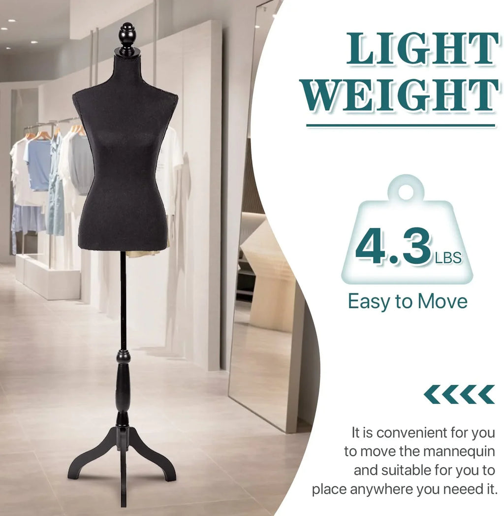 Body Form Black with Wooden Adjustable Height Female Mannequin Dress Model Inch Torso 60-67 Tripod Base, NiamVelo