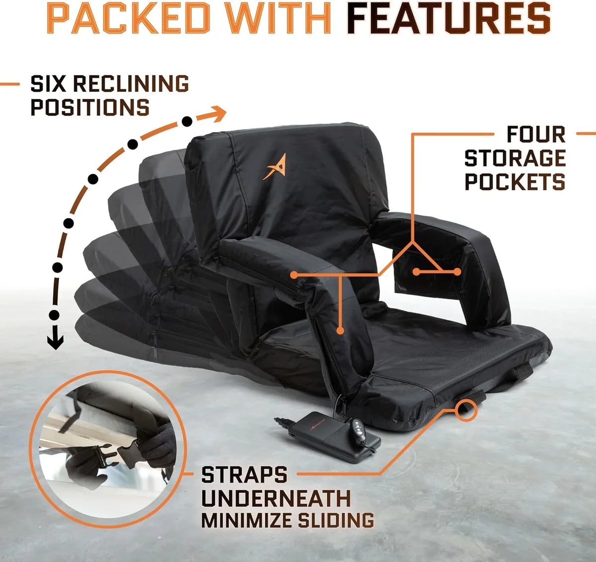 Support Double with Chair Battery Heat Wide Heated – Foldable Included Back USB Seats Levels Holder Pockets, 3 Games - 4 Bleachers Cushioned, Cup of for - - ACELETIQS - Stadium Upgraded Camping,
