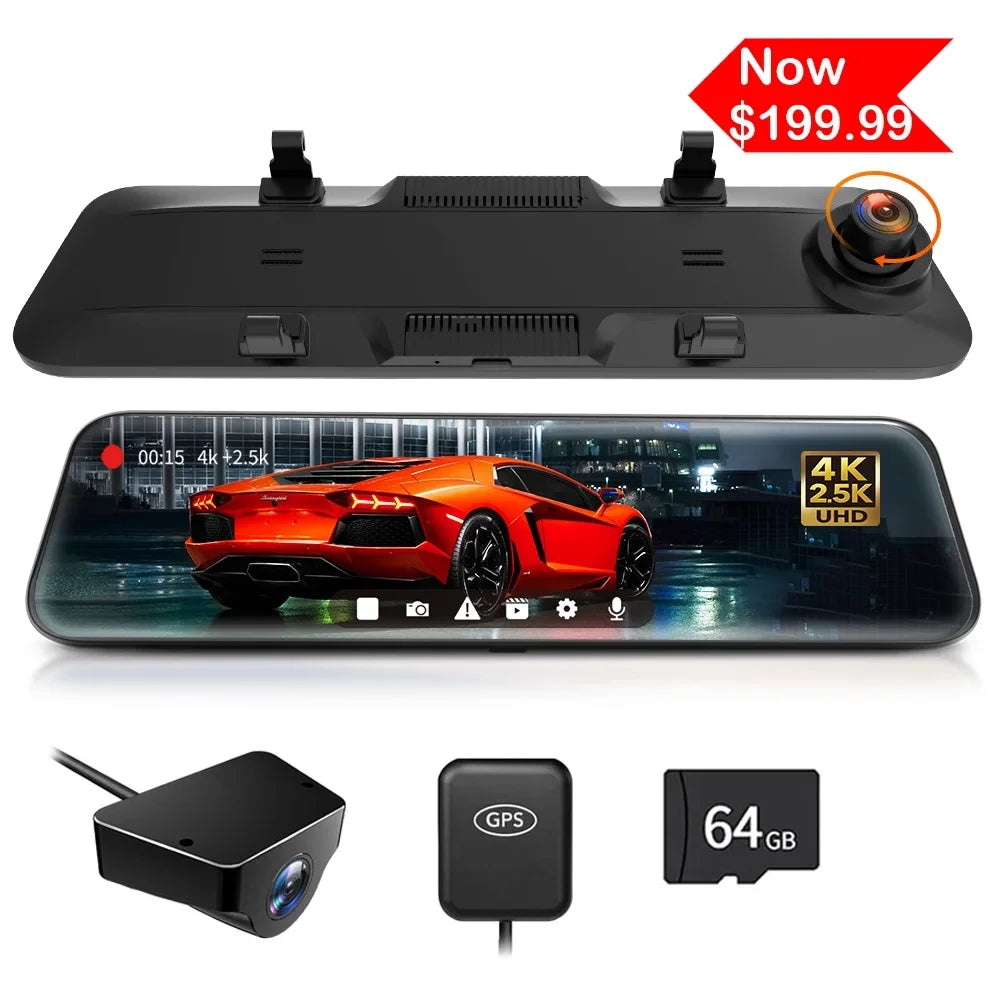 Card Mirror Cam, Cam Camera, and 4K 2.5K & WDR, with Dash Dash WOLFBOX Dash 64GB for GPS Camera Rear View Car Free 12" Night Mirror Vision, Front Rear Rearview