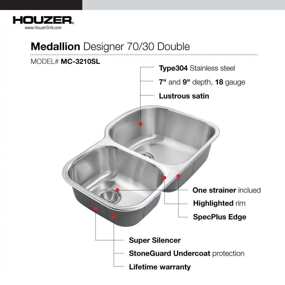 Sink Undermount 20-11/16" x Bowl 32-1/2" MC-3210SL-1 32-1/2" Stainless 14-15/16" Houzer Double Kitchen x 18-1/2" 70/30 x Steel